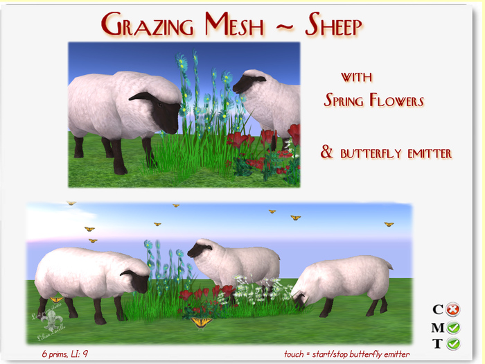 Grazing Sheep with spring flowers & butterflies