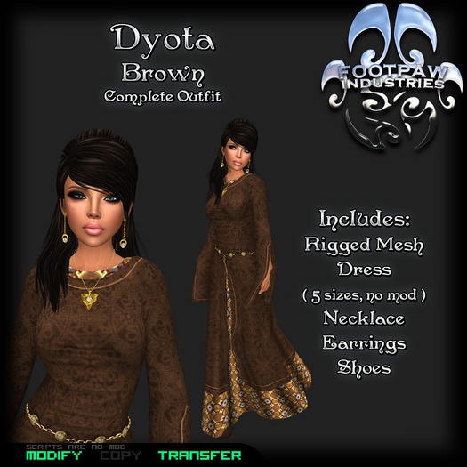 [FPI] Dyota Brown ~ Complete Outfit with Rigged Mesh Medieval Dress, Shoes, Necklace & Earrings