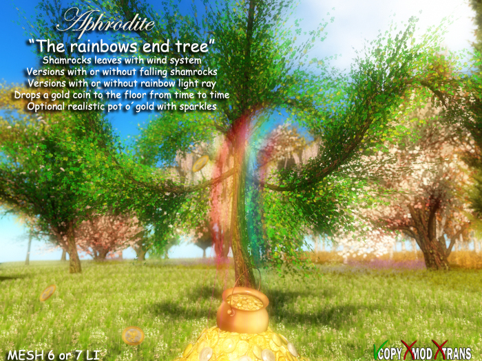 Aphrodite Rainbows end tree with dropping coins & more- Patricks tree with rainbow light and pot o´ gold 