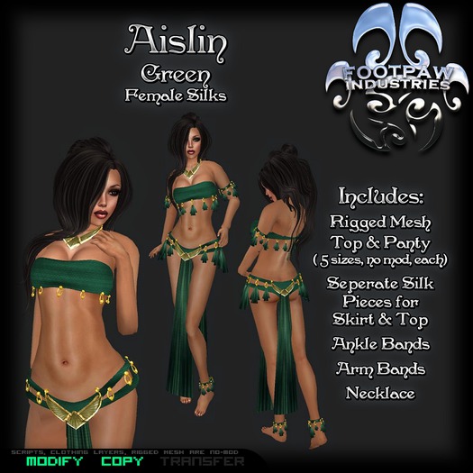 [FPI] Aislin Green - Lovely Silks Outfit with separate silk pieces, Arm & Ankle Bands and Necklace