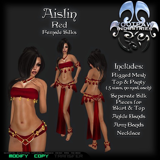 [FPI] Aislin Red - Lovely Silks Outfit with separate silk pieces, Arm & Ankle Bands and Necklace