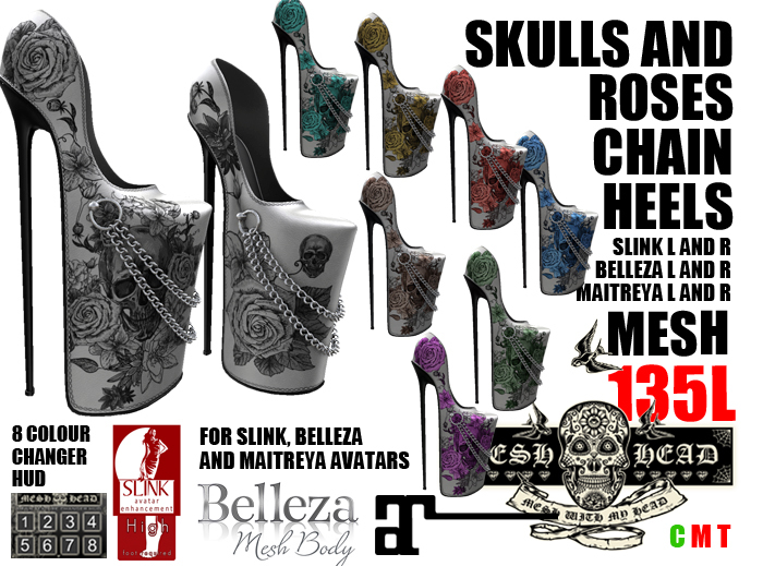 Mesh Head - Skulls & Roses Chain Heels MAITREYA / SLINK / BELLEZA