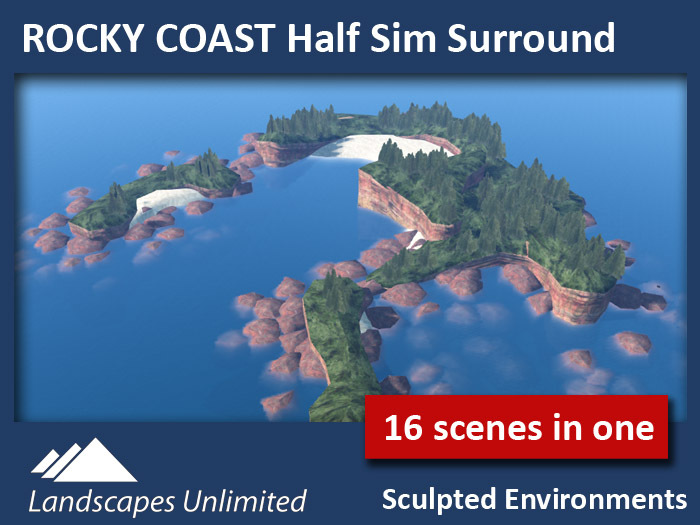 1/2 Sim Surround Landscape ROCKY COAST (Half off-sim rocks, waves, islands, beaches & trees)