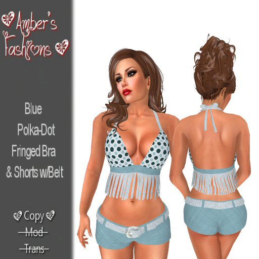 {DEMO} A's Fashions Blue Polka-Dot Fringed Bra & Shorts