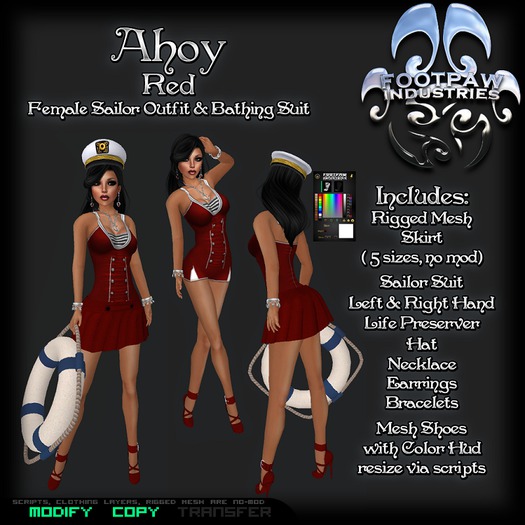 [FPI] Ahoy Red - Complete Female Sailor & Bathing Suit Outfit comes with Jewelry, Hat, Shoes & Life Preserver