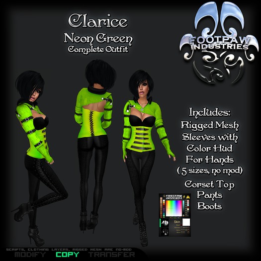 [FPI] Clarice Neon Green - Complete Sexy Female Pants Outfit with Rigged Mesh Bolero with Hands, Corset Top, & Boots