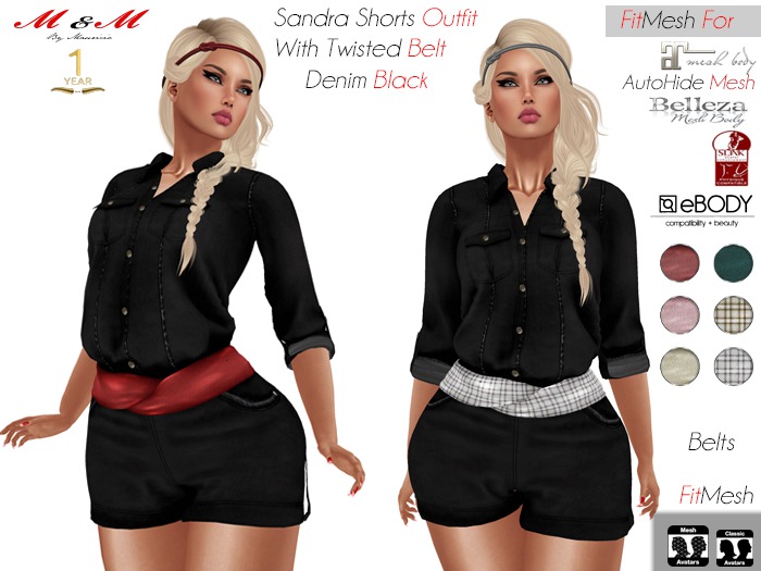 M&M+Sandra Denim Black Shorts Outfit With Belt+ Fitmesh   (Boxe