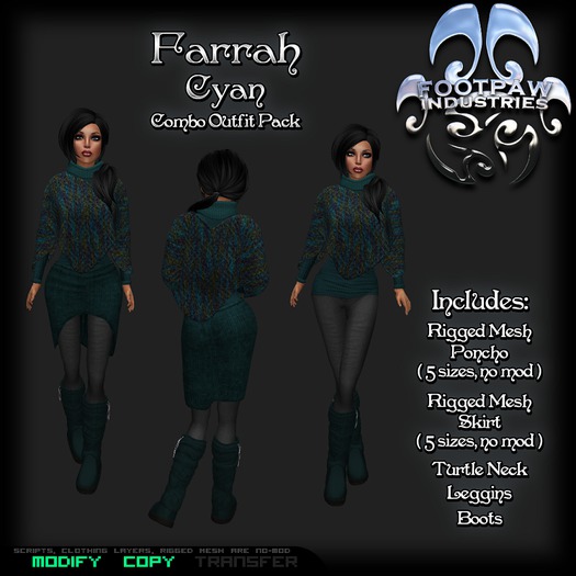 [FPI] Farrah Cyan - Complete Female Poncho Outfit comes with Turtleneck, Leggins, Boots