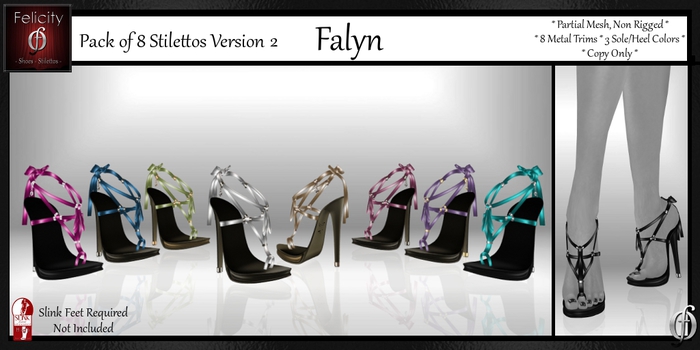 *Felicity* Falyn Stilettos Sandals Pack 2 - 8 Shoes (8 Metal Trim, 3 Sole/Heel Colors) for Slink High Feet