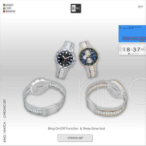 King : Watch - Chrono Set ( 42 Prim / Bling On/Off Function & Time Zone Hud Included! ) 