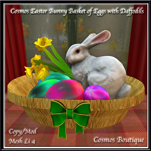 Cosmos Easter Bunny Basket of Eggs with Daffodils