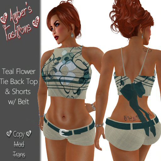 DEMO A's Fashions Teal Flower Tie Back Top & Shorts w/Belt