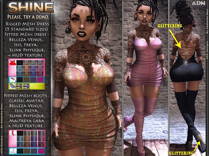 [ADN] SHINE (FITTED MESH BELLEZA venus, ISIS, FREYA,SLINK PHYSIQUE, standard sizes + HUD TEXTURE )