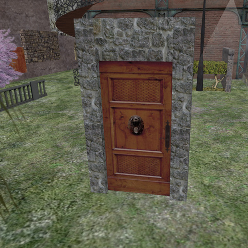Rustic Wood Single Door Scripted Full Feature with Stone Wall Frame D0091 S