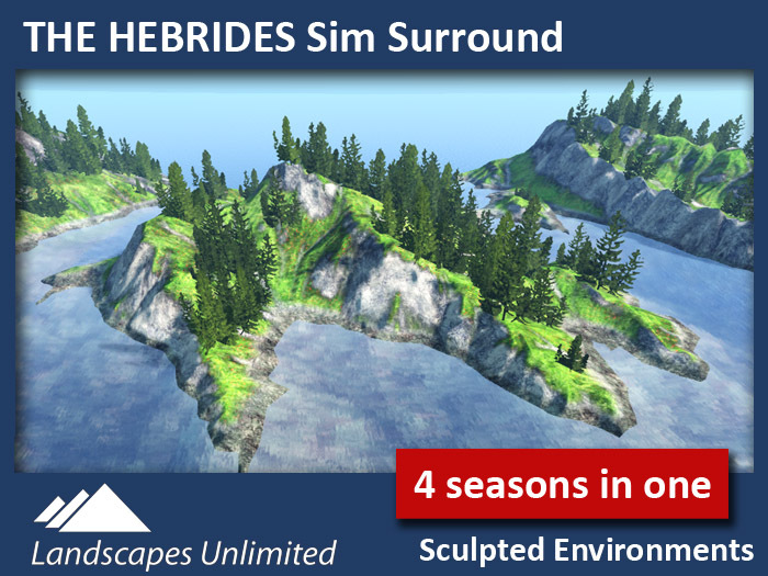 Sim Surround Landscape HEBRIDES (Full Sim Surround, off-sim islands, cliffs, fir & pine trees, rocks, seasons)