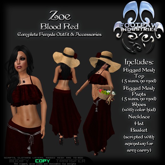 [FPI] Zoe BloodRed - Flowing Pants Outfit with Strapy Shoes, Hat, Basket & Necklace