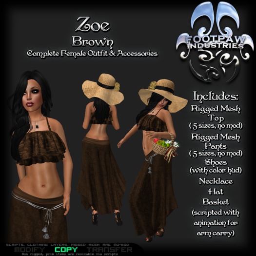 [FPI] Zoe Brown - Flowing Pants Outfit with Strapy Shoes, Hat, Basket & Necklace