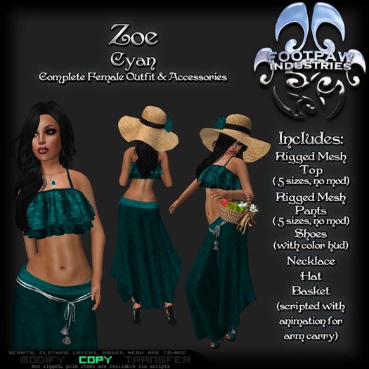 [FPI] Zoe Cyan - Flowing Pants Outfit with Strapy Shoes, Hat, Basket & Necklace