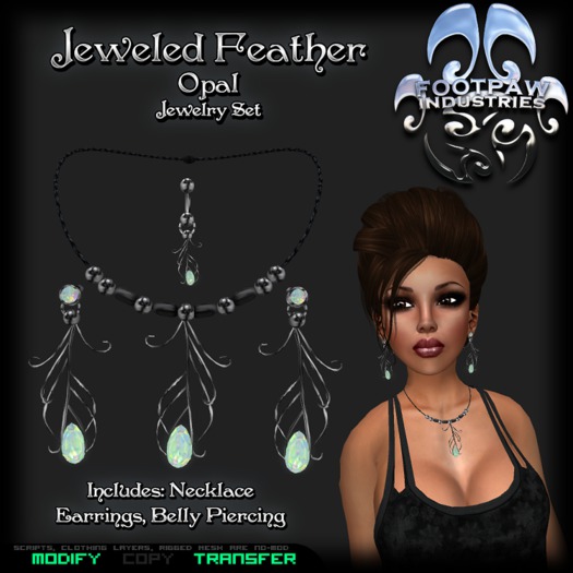 [FPI] Jeweled Feather Opal- Delicate Jewelry Set includes: Necklace, Earrings, Belly Piercing