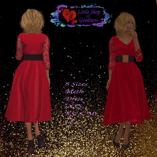 Red Midi Dress with belt, lace sleeves, and wide skirt DEMO