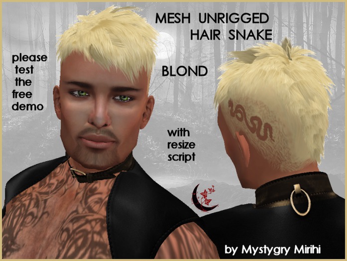Snake mesh unrigged men hair blond , snake tatoo cut out with razor , modify with resize script