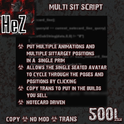 [HeZ] Multi-Sit Script - Multiple poses and sit targets in one prim, without poseballs.
