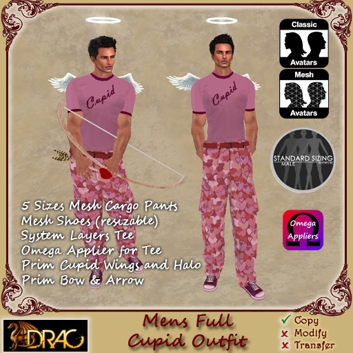 [Drac] Mens Cupid Complete Outfit - an angel with tiny wings, mesh cargo pants, tee with applier, shoes, bow and arrow