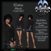 [FPI] Cora Black - Heart Pocketed, Back Corset Tie Hoodie Outfit with Jean shorts & Wedge Sandals