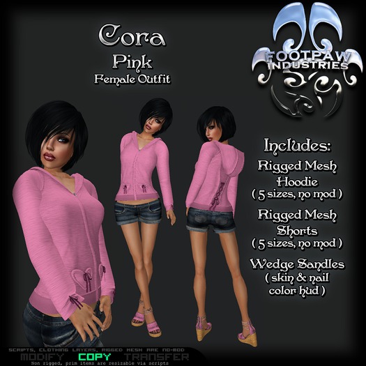 [FPI] Cora Pink - Heart Pocketed, Back Corset Tie Hoodie Outfit with Jean shorts & Wedge Sandals