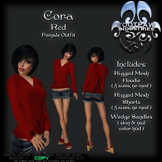 [FPI] Cora Red - Heart Pocketed, Back Corset Tie Hoodie Outfit with Jean shorts & Wedge Sandals