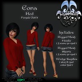 [FPI] Cora Red - Heart Pocketed, Back Corset Tie Hoodie Outfit with Jean shorts & Wedge Sandals