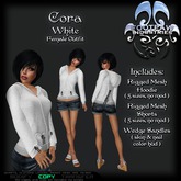 [FPI] Cora White - Heart Pocketed, Back Corset Tie Hoodie Outfit with Jean shorts & Wedge Sandals