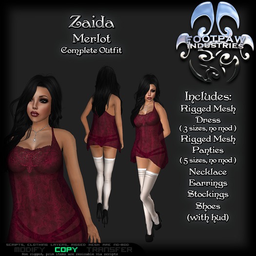 [FPI] Zaida Merlot - Complete Sexy Outfit with a Sheer Dress, Jewelry, Panties, Stockings & Stilettos