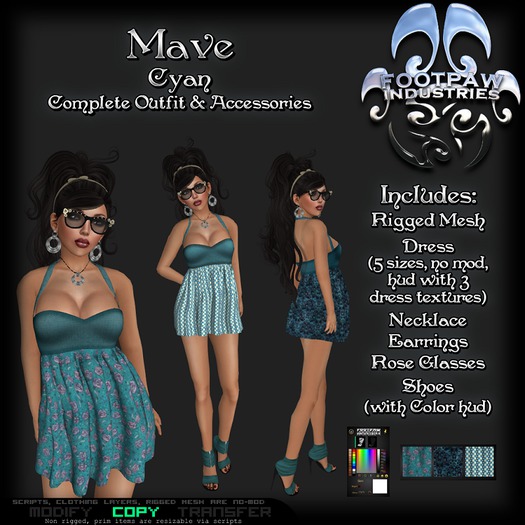 [FPI] Mave Cyan - Complete Feminine versatile Outfit with Dress, Jewelry, Rose Glasses, shoes & customize Hud