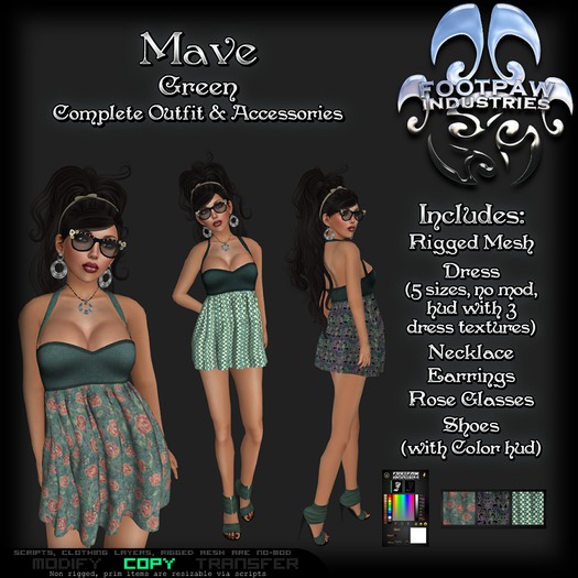 [FPI] Mave Green - Complete Feminine versatile Outfit with Dress, Jewelry, Rose Glasses, shoes & customize Hud