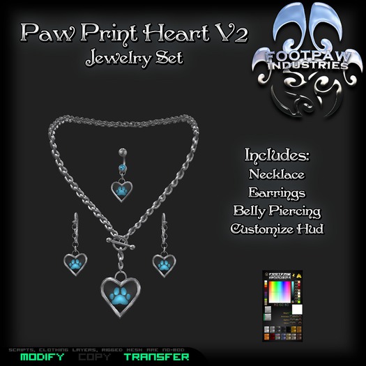 [FPI] Paw Print Heart V2 - Paw Heart Jewelry Set: Necklace, Earrings, Belly Piercing & Customize Hud