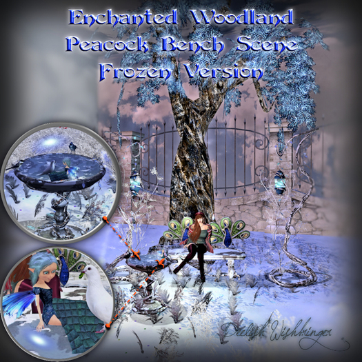 Enchanted Woodland Peacock Bench Scene WINTER 30LI w/snow