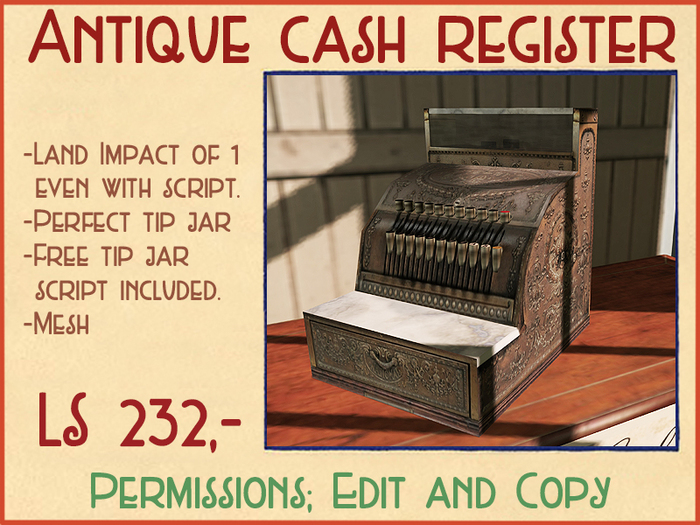 Antique Cash register 1 prim land impact perfect for tip jar scripts