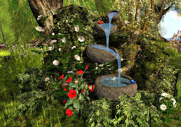 CJ Mossy Fountain ~ c + m ~ Light Menu in bowl on ground