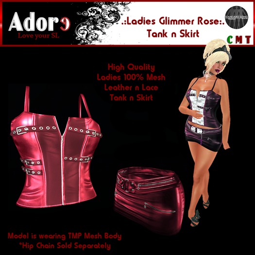 .:Adore:. Ladies Glimmer Leather Tank and Skirt - Rose