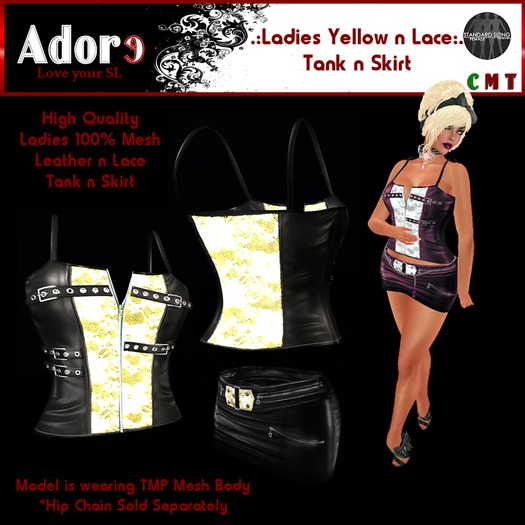 .:Adore:. Ladies Leather n Lace Tank and Skirt - Black-Yellow