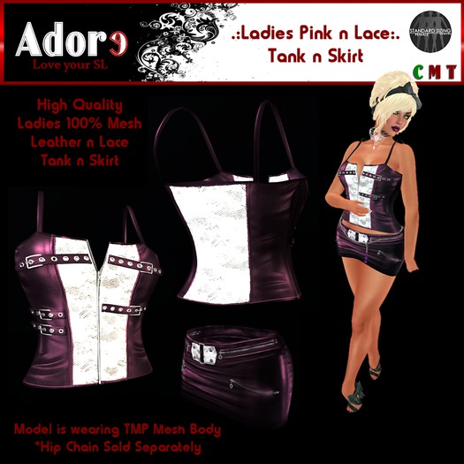 .:Adore:. Ladies Leather n Lace Tank and Skirt - Pink