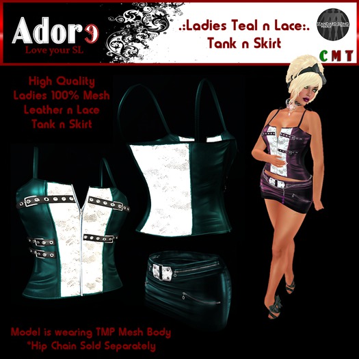 .:Adore:. Ladies Leather n Lace Tank and Skirt - Teal