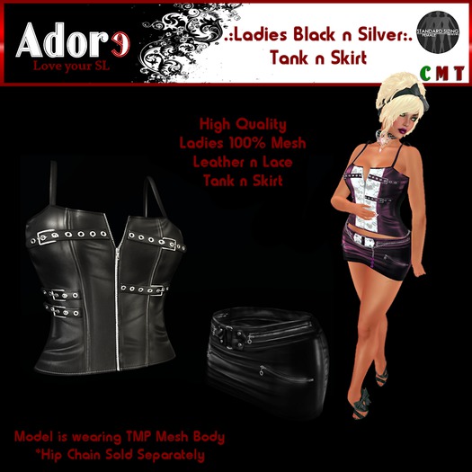 .:Adore:. Ladies Leather Tank and Skirt - Black-Silver