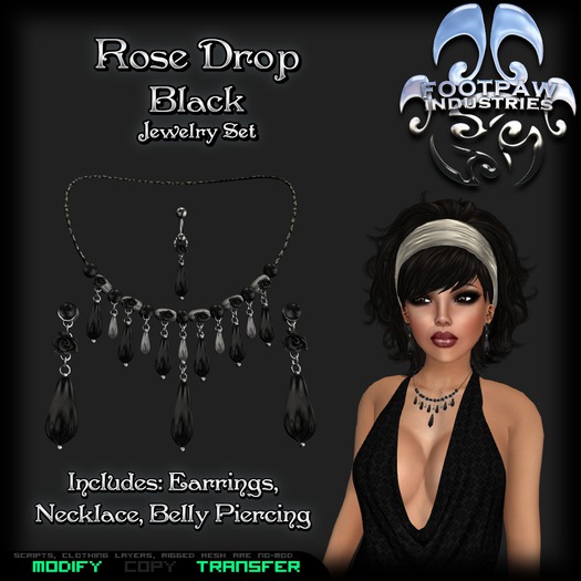 [FPI] Rose Drop Black - A Stylish Jewelry Set with Necklace, Earrings & Belly Piercing