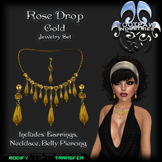 [FPI] Rose Drop Gold - A Stylish Jewelry Set with Necklace, Earrings & Belly Piercing