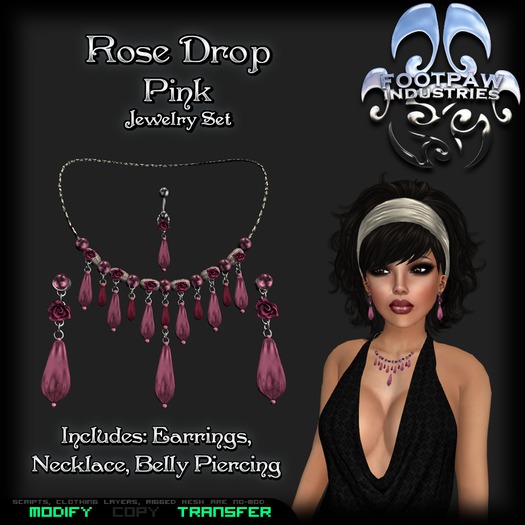 [FPI] Rose Drop Pink - A Stylish Jewelry Set with Necklace, Earrings & Belly Piercing