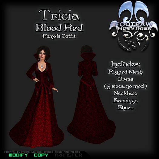 [FPI] Tricia BloodRed - Lovely High Collared Dress Outfit with Necklace, Earrings & Shoes
