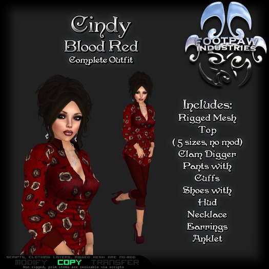[FPI] Cindy Blood Red- Blouse & Pants Outfit with Necklace, Earrings, Anklet & Shoes