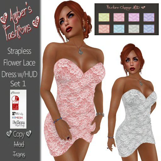 <3 A's Fashions <3 Strapless Flower Lace Dress w/HUD set 1